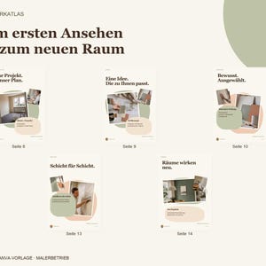 K&ouml;nnte beinhalten: Eine digitale Canva-Vorlage f&uuml;r einen Malerbetrieb mit dem Titel Vom ersten Ansehen bis zum neuen Raum. Sie zeigt f&uuml;nf Seiten mit den Nummern 6, 9, 10, 13 und 14, die jeweils Innenarchitektur-Projektfotos, Farbmuster und deutsche Text&uuml;berschriften enthalten.