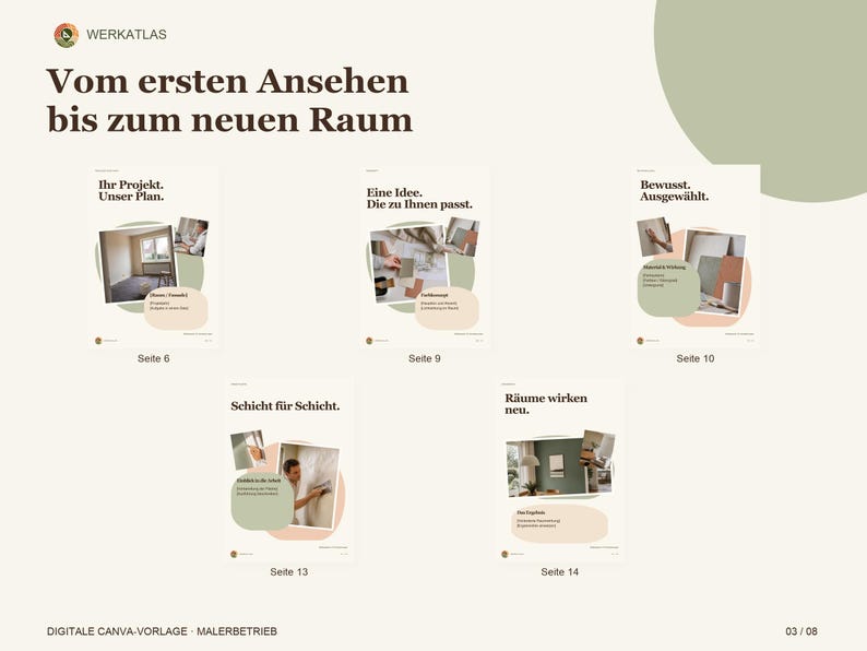 K&ouml;nnte beinhalten: Eine digitale Canva-Vorlage f&uuml;r einen Malerbetrieb mit dem Titel Vom ersten Ansehen bis zum neuen Raum. Sie zeigt f&uuml;nf Seiten mit den Nummern 6, 9, 10, 13 und 14, die jeweils Innenarchitektur-Projektfotos, Farbmuster und deutsche Text&uuml;berschriften enthalten.