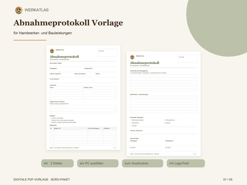 Szablon protokołu odbioru (PDF, do wypełnienia) | Odbiór robót budowlanych dla fachowców i usług budowlanych | Lista usterek w formacie A4 z polem na logo zdjęcie 1