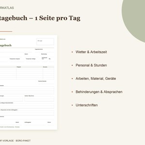 Puede incluir: Una plantilla de diario de obra titulada Bautagebuch con campos para clima, horas de trabajo, personal, tareas, materiales, equipo, obst&aacute;culos y firmas. El documento incluye el logotipo y el texto de Werkatlas.