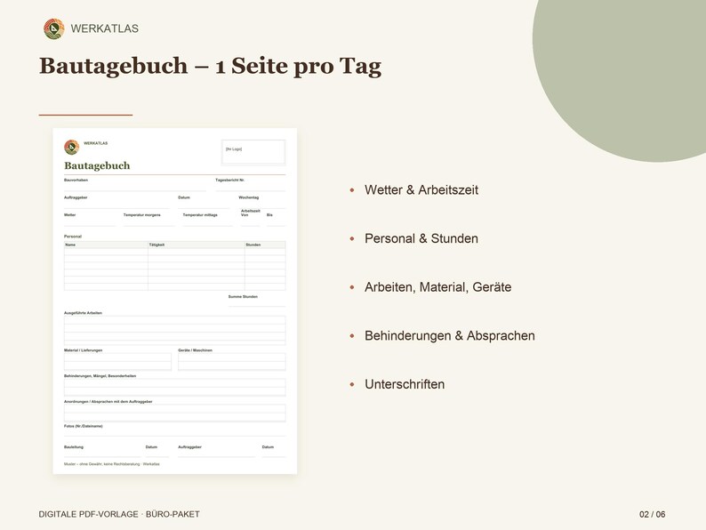 Puede incluir: Una plantilla de diario de obra titulada Bautagebuch con campos para clima, horas de trabajo, personal, tareas, materiales, equipo, obst&aacute;culos y firmas. El documento incluye el logotipo y el texto de Werkatlas.