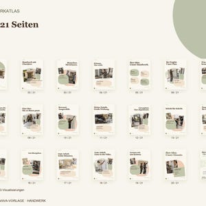 K&ouml;nnte beinhalten: Ein digitales Canva-Vorlagen-Set mit dem Titel WERK ATLAS, das 21 Seiten mit professionellen Layouts umfasst. Jede Seite zeigt ein einzigartiges Design mit Text, fotografischen Elementen und sanften geometrischen Formen.