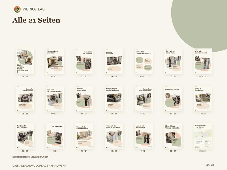 K&ouml;nnte beinhalten: Ein digitales Canva-Vorlagen-Set mit dem Titel WERK ATLAS, das 21 Seiten mit professionellen Layouts umfasst. Jede Seite zeigt ein einzigartiges Design mit Text, fotografischen Elementen und sanften geometrischen Formen.