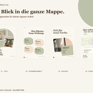 Op de afbeelding: Een digitaal Canva-sjabloon voor een schildersbedrijf met vier pagina's getiteld Ein Blick in die ganze Mappe. De pagina's bevatten Duitse tekst, waaronder Neue Farbe, Neues Gef&uuml;hl, Ihre R&auml;ume, Neue Wirkung, Zeit f&uuml;r neue Farbe en Hier zuhause. F&uuml;r Sie da, met zachte groene en beige grafische elementen.