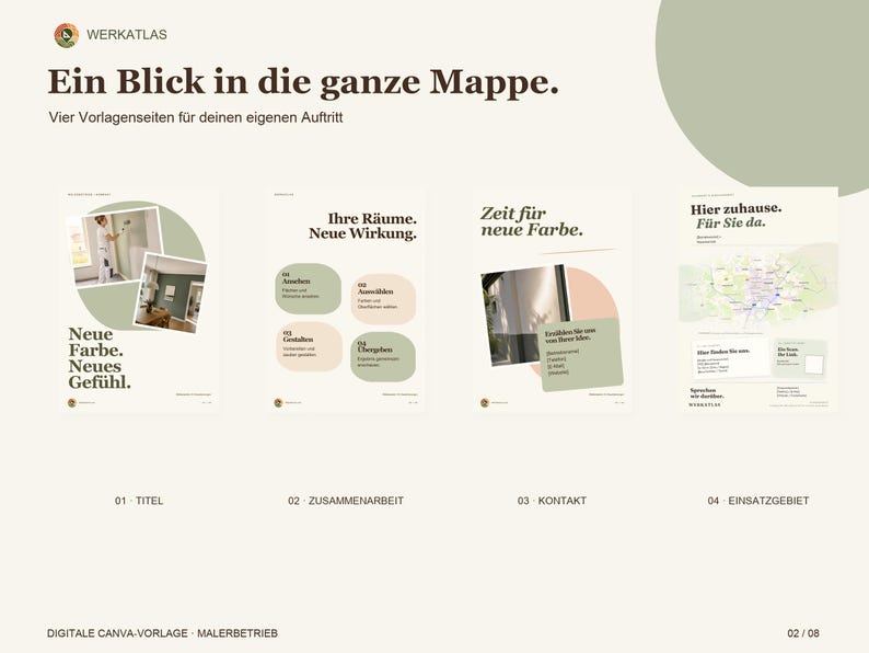 Op de afbeelding: Een digitaal Canva-sjabloon voor een schildersbedrijf met vier pagina's getiteld Ein Blick in die ganze Mappe. De pagina's bevatten Duitse tekst, waaronder Neue Farbe, Neues Gef&uuml;hl, Ihre R&auml;ume, Neue Wirkung, Zeit f&uuml;r neue Farbe en Hier zuhause. F&uuml;r Sie da, met zachte groene en beige grafische elementen.