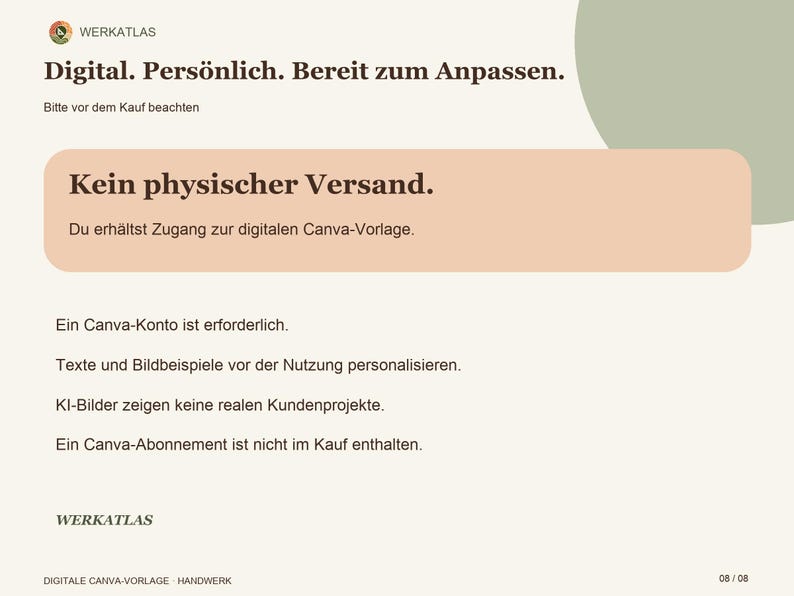 K&ouml;nnte beinhalten: Eine digitale Informationsgrafik mit dem Text: Digital. Pers&ouml;nlich. Bereit zum Anpassen. Bitte vor dem Kauf beachten. Kein physischer Versand. Du erh&auml;ltst Zugang zur digitalen Canva-Vorlage. Ein Canva-Konto ist erforderlich.