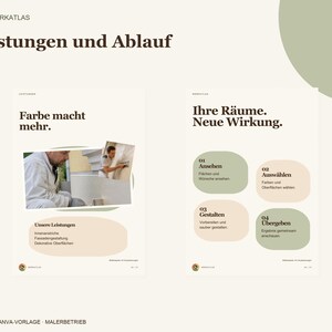 K&ouml;nnte beinhalten: Eine digitale Pr&auml;sentationsvorlage f&uuml;r einen Malerbetrieb namens Werkatlas mit dem Text Leistungen und Ablauf, Farbe macht mehr und Ihre R&auml;ume. Neue Wirkung. Das Layout enth&auml;lt Leistungslisten, einen vierstufigen Prozess und Fotos eines Malers.