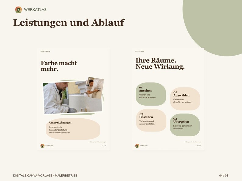 K&ouml;nnte beinhalten: Eine digitale Pr&auml;sentationsvorlage f&uuml;r einen Malerbetrieb namens Werkatlas mit dem Text Leistungen und Ablauf, Farbe macht mehr und Ihre R&auml;ume. Neue Wirkung. Das Layout enth&auml;lt Leistungslisten, einen vierstufigen Prozess und Fotos eines Malers.
