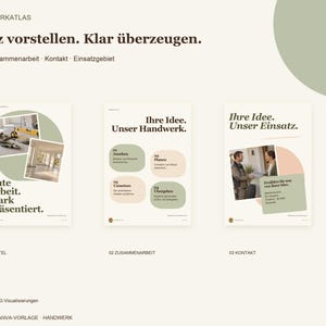 K&ouml;nnte beinhalten: Eine digitale Canva-Vorlage f&uuml;r Handwerksbetriebe mit dem Titel WERK ATLAS, bestehend aus drei Seitenlayouts mit deutschem Text, darunter &Uuml;berschriften wie Gute Arbeit, Stark pr&auml;sentiert, Ihre Idee, Unser Handwerk und Ihre Idee, Unser Einsatz.