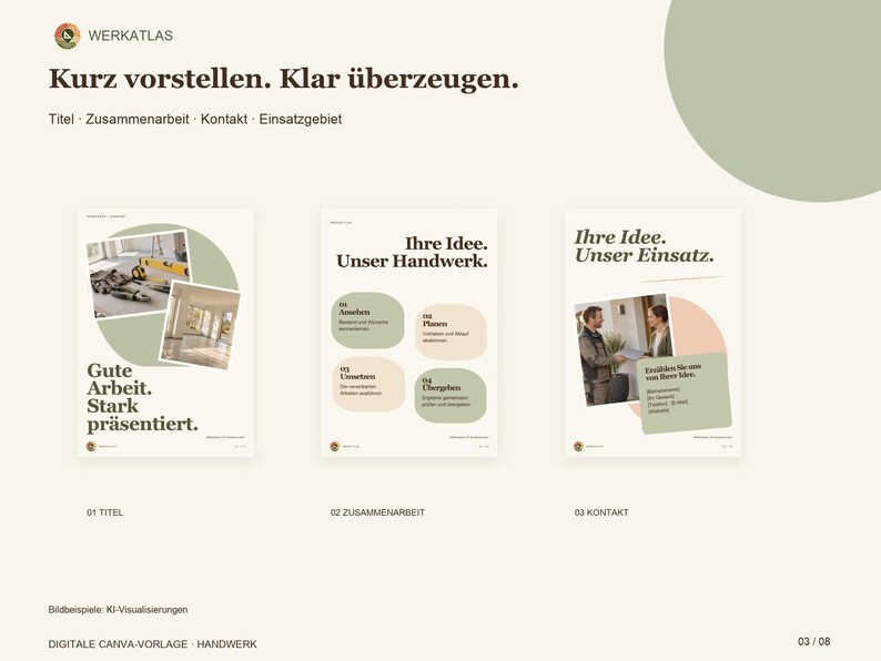 K&ouml;nnte beinhalten: Eine digitale Canva-Vorlage f&uuml;r Handwerksbetriebe mit dem Titel WERK ATLAS, bestehend aus drei Seitenlayouts mit deutschem Text, darunter &Uuml;berschriften wie Gute Arbeit, Stark pr&auml;sentiert, Ihre Idee, Unser Handwerk und Ihre Idee, Unser Einsatz.