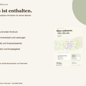 Op de afbeelding: Een digitaal sjabloon voor een bedrijf met de tekst Das ist enthalten, Vier bearbeitbare A4-Seiten f&uuml;r deinen Betrieb en een voorbeeld van een document getiteld Hier zuhause. F&uuml;r Sie da. met een kaart en contactgegevens.