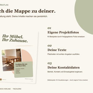 May include: A digital template for a woodworking portfolio featuring the text "WERKATLAS," "Mach die Mappe zu deiner," "Ihr M&ouml;bel. Ihr Zuhause," and instructions for adding project photos, custom text, and contact details on a cream background.