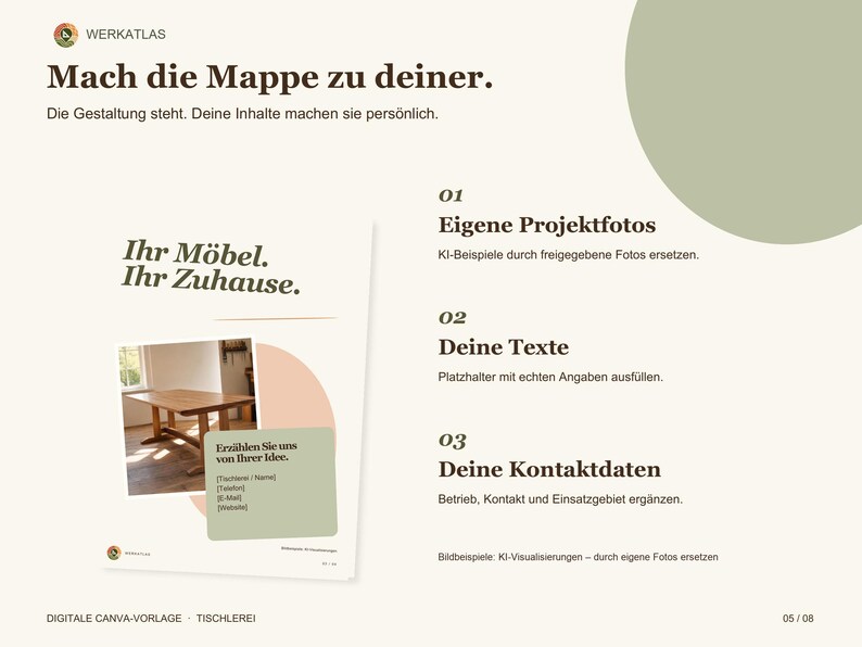 May include: A digital template for a woodworking portfolio featuring the text "WERKATLAS," "Mach die Mappe zu deiner," "Ihr M&ouml;bel. Ihr Zuhause," and instructions for adding project photos, custom text, and contact details on a cream background.