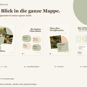 Op de afbeelding: Een digitale sjablonenset voor landschapsarchitectuur met vier pagina's met de tekst Ein Blick in die ganze Mappe, Mehr Gr&uuml;n, Mehr Drau&szlig;en, Ihr Garten, Neue Ideen, Platz f&uuml;rs Drau&szlig;ensein en Hier zuhause. F&uuml;r Sie da, inclusief afbeeldingen van tuinen.