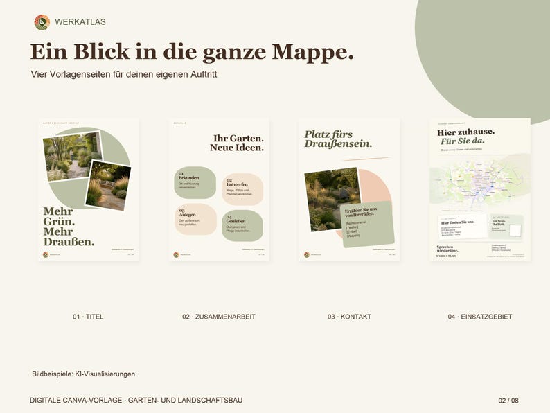 Op de afbeelding: Een digitale sjablonenset voor landschapsarchitectuur met vier pagina's met de tekst Ein Blick in die ganze Mappe, Mehr Gr&uuml;n, Mehr Drau&szlig;en, Ihr Garten, Neue Ideen, Platz f&uuml;rs Drau&szlig;ensein en Hier zuhause. F&uuml;r Sie da, inclusief afbeeldingen van tuinen.