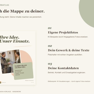 K&ouml;nnte beinhalten: Eine digitale Vorlage f&uuml;r eine Handwerksmappe mit dem Text Mach die Mappe zu deiner, Ihre Idee. Unser Einsatz, und Erz&auml;hlen Sie uns von Ihrer Idee. Das Layout enth&auml;lt Bereiche f&uuml;r Projektfotos, eigene Texte und die Kontaktdaten.