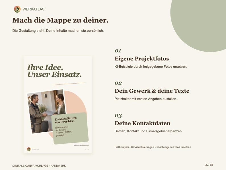 K&ouml;nnte beinhalten: Eine digitale Vorlage f&uuml;r eine Handwerksmappe mit dem Text Mach die Mappe zu deiner, Ihre Idee. Unser Einsatz, und Erz&auml;hlen Sie uns von Ihrer Idee. Das Layout enth&auml;lt Bereiche f&uuml;r Projektfotos, eigene Texte und die Kontaktdaten.