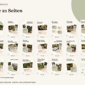K&ouml;nnte beinhalten: Eine digitale Canva-Vorlage f&uuml;r den Garten- und Landschaftsbau mit 21 Seiten unter dem Titel Alle 21 Seiten. Das Layout enth&auml;lt verschiedene Gartenbilder, Textbl&ouml;cke sowie hellgr&uuml;ne und beige organische Formen auf hellem Grund.