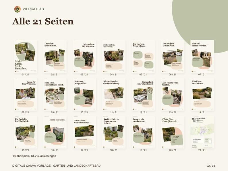 K&ouml;nnte beinhalten: Eine digitale Canva-Vorlage f&uuml;r den Garten- und Landschaftsbau mit 21 Seiten unter dem Titel Alle 21 Seiten. Das Layout enth&auml;lt verschiedene Gartenbilder, Textbl&ouml;cke sowie hellgr&uuml;ne und beige organische Formen auf hellem Grund.