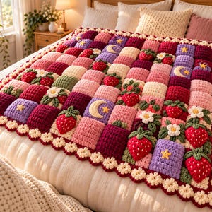 May include: A handmade crochet blanket featuring a grid of textured squares in shades of pink, purple, and burgundy. The design includes three-dimensional strawberry appliqués, white flower blossoms, yellow crescent moons, and small stars.
