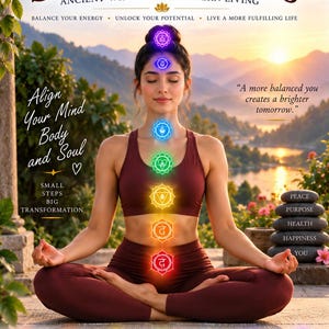 Könnte beinhalten: Ein Buchcover mit dem Titel The Seven Chakras: Ancient Wisdom for Modern Living von Shubham Mayekar. Es zeigt eine Person in sitzender Meditationshaltung mit sieben leuchtenden, farbcodierten Chakrasymbolen vertikal entlang des Oberkörpers.