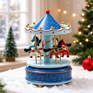 May include: A carousel music box featuring a blue conical roof with gold accents and red stars. The rotating platform holds three horses in white, red, and blue, supported by gold poles. The base is a deep blue cylinder with white dots.
