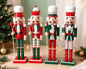 May include: Four wooden nutcracker figurines standing in a row, each wearing a uniform in shades of red, green, and white. They feature painted faces with mustaches, white faux fur beards, and tall hats, holding various accessories like staffs and an axe.