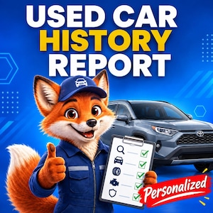 May include: A digital graphic featuring a cartoon fox wearing a blue uniform and cap, giving a thumbs up. The fox holds a clipboard with a checklist of icons. A gray SUV is visible behind the fox. The text reads USED CAR HISTORY REPORT.