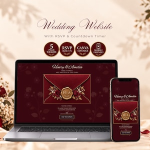 Burgundy Save the Date Wedding Website Template, Editable Canva Digital Invitation RSVP