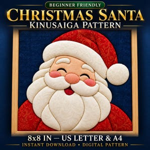 May include: A Kinusaiga pattern featuring a smiling Santa Claus face with a white beard, mustache, and hat trim, set against a dark blue background in a light wood frame. Text reads: BEGINNER FRIENDLY CHRISTMAS SANTA KINUSAIGA PATTERN 8x8 IN.