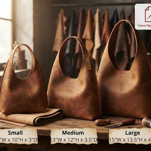 May include: Three brown leather hobo bags in small, medium, and large sizes. The small bag is 11 inches wide by 10 inches high by 3 inches deep. The medium is 13 by 12 by 3.5 inches. The large is 15 by 13.5 by 4 inches. Text reads Vamos Digital Sewing.