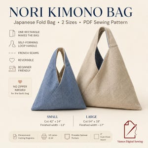 May include: A Nori Kimono Bag PDF sewing pattern featuring two triangular Japanese fold bags in small and large sizes. The small bag is blue and the large bag is beige. Text includes 'NORI KIMONO BAG', '2 Sizes', and 'Cut 107 cm x 36 cm' or '137 cm x 46 cm'.