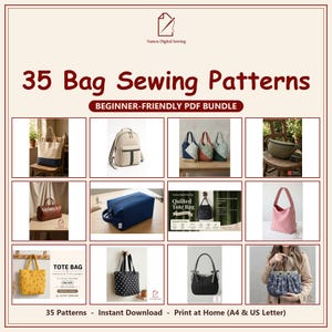 Może przedstawiać: Cyfrowa kolekcja 35 wykrojów krawieckich na torby pod tytułem Vamos Digital Sewing. Grafika przedstawia różne style toreb, w tym torby typu tote, plecaki i kosmetyczki w różnych kolorach i tkaninach, z tekstem wskazującym na zestaw PDF dla początkujących.