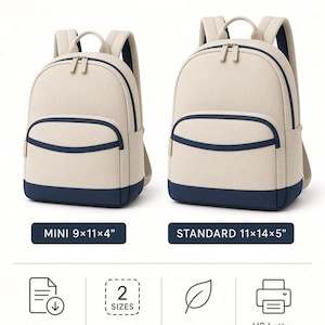 Puede incluir: Un patrón de costura para mochila en dos tamaños: mini de 23x28x10 cm y estándar de 28x36x13 cm. Las mochilas beige y azul marino tienen un compartimento principal, bolsillo frontal y correas. Incluye descarga digital en PDF, dos tamaños e instrucciones paso a paso para papel US Letter y A4.