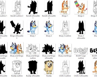 Pode incluir: Uma coleção de ilustrações dos personagens de Bluey, incluindo Bandit, Bingo, Bluey e Chilli, em várias poses e estilos. Algumas são coloridas, outras são contornos ou silhuetas. A palavra "BLUEY" também está presente em vários designs.