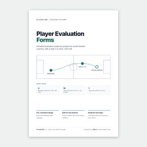 May include: A white document titled Player Evaluation Forms by Clearline Coaching Systems. It features a diagram of a football pitch, a 1-4 rating rubric, and details for youth coaches including 4 evaluation sheets, 19 criteria, and a guide.