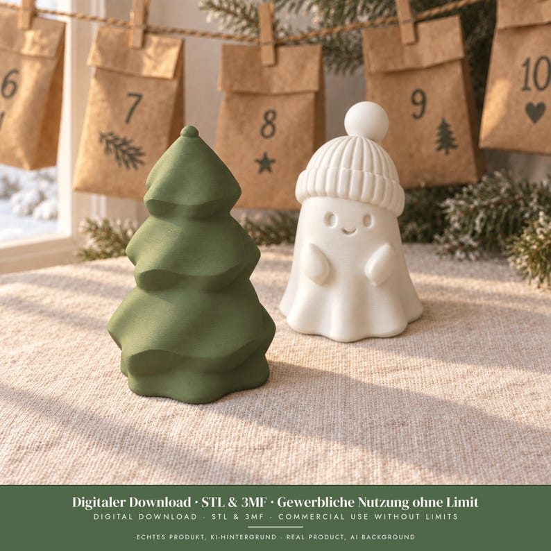 Green Ribbled Paper STL + 3MF 3D Print Files Ghost With Beanie and Wavy Christmas Tree ...