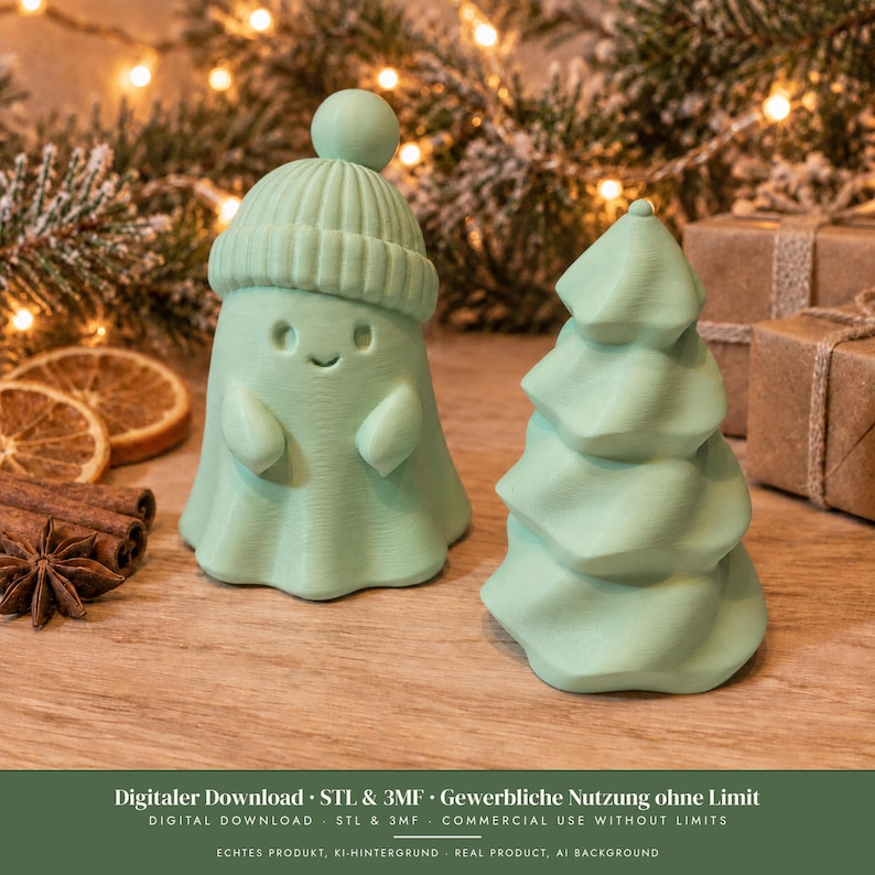 Green Ribbled Paper STL + 3MF 3D Print Files Ghost With Beanie and Wavy Christmas Tree ...