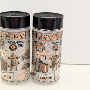 Vintage 1980s Las Vegas Souvenir Salt & Pepper Shakers Black and Gold Glass New Old Stock