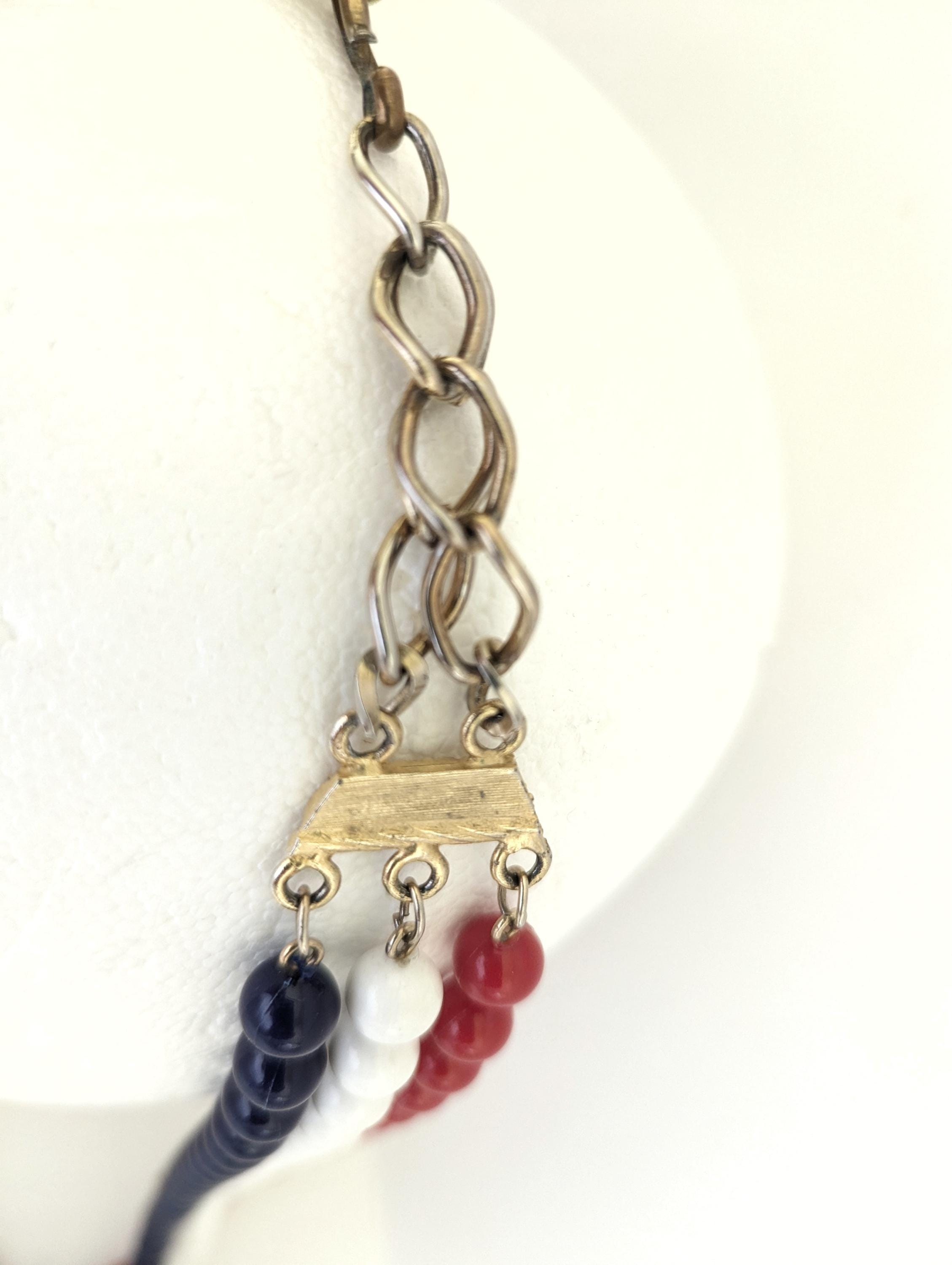 Vintage Chain And Medallion Belt With Patriotic Red White And Blue Beads Red White and Blue Beaded Bracelet with Navy Leather Cord  main image 4