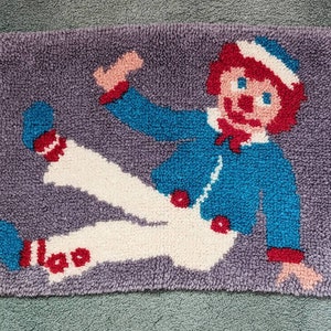 Vintage Latch Hook Rug Raggedy Andy Handmade Blue White & Red Rectangle 1970s