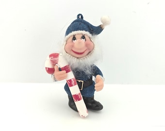 ヴィンテージ クリスマス エルフ フィギュア オーナメント ブロー成形プラスチック フロッキー加工 ドワーフ 1960年代 青白 レトロ ホリデー デコレーション