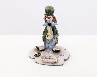 Vintage Zampiva Clown Figurine Playing Saxophone Musician Golden Crown E&R Italy Ceramic Spaghetti Hair Hand Painted