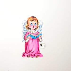 Adorno navideño de ángel cantor vintage, recorte de cartón, Carrington, nuevo, stock antiguo, década de 1950