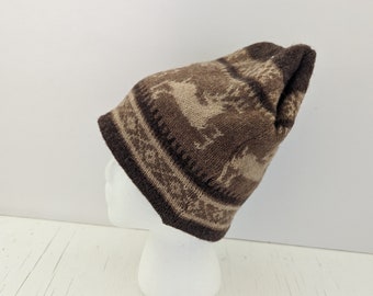 Vintage Pendleton Wool Knit Hat Fair Isle Winter Beanie Skiing Snow Boarding Brown With Deer 1970's