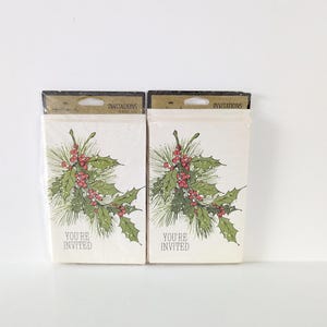 Vintage Christmas Holiday Party Invitations With Envelopes Hallmark 1980&#39;s Red and Green Holley New Old Stock 16 Cards