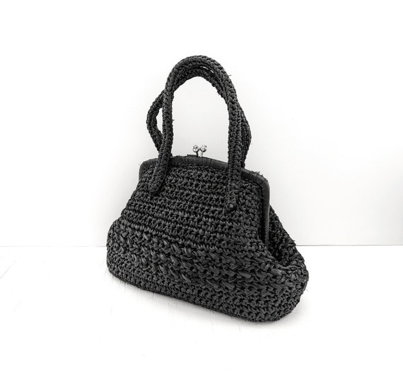 Vintage Handbag Summer Straw Black Raffia Woven 1… - image 2