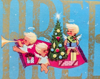 ヴィンテージ モッズ クリスマス カード 天使入り 「私たち３人より」 1960年代 未使用 ホーソーン・ソマーフェルド ミッドセンチュリー ターコイズ