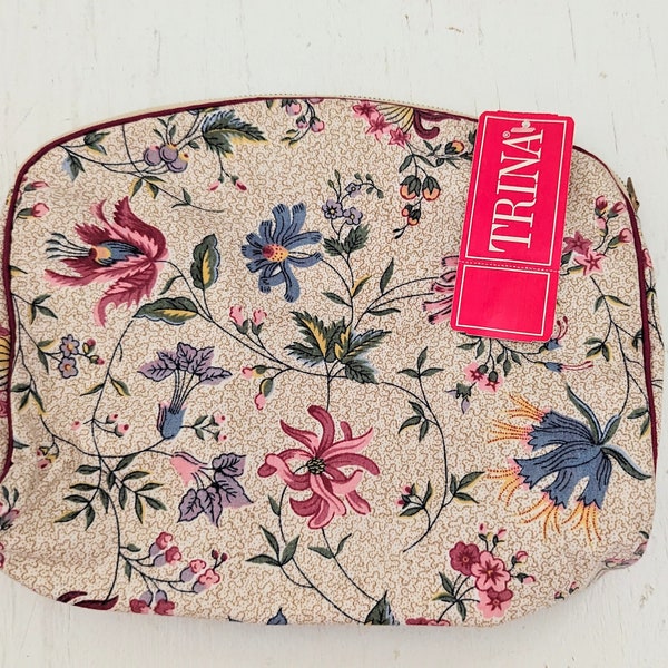 Vintage Cosmetic Bag Vinyl Lined Zipper Closure Makeup Pouch Floral Print  Cotton Trina Large Size New Old Stock Unused 1990's