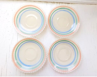 MacBeth Evans Petalware Cremax Saucers Set of 4 Vintage 1930s Depression Glass Pastel Banded Art Deco